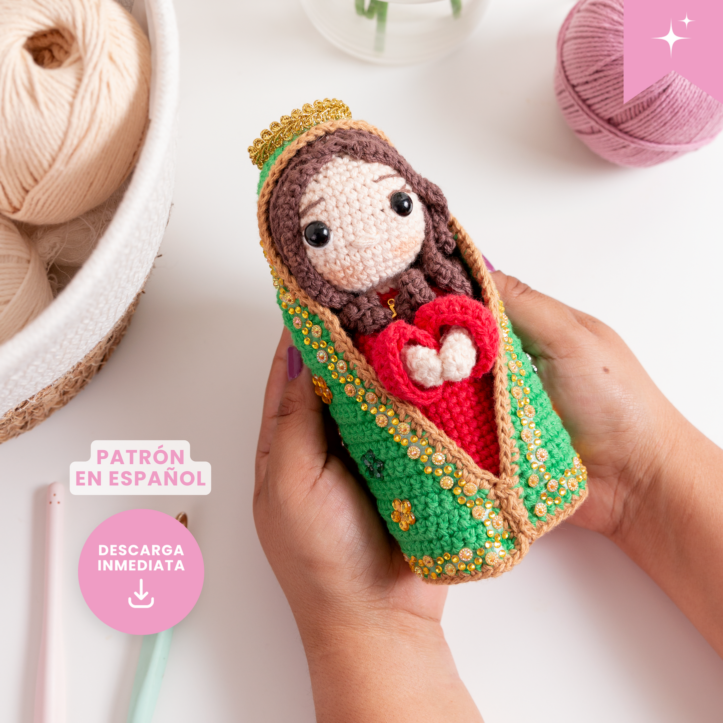 Patrón en ESPAÑOL Virgencita Guadalupe 17 cm
